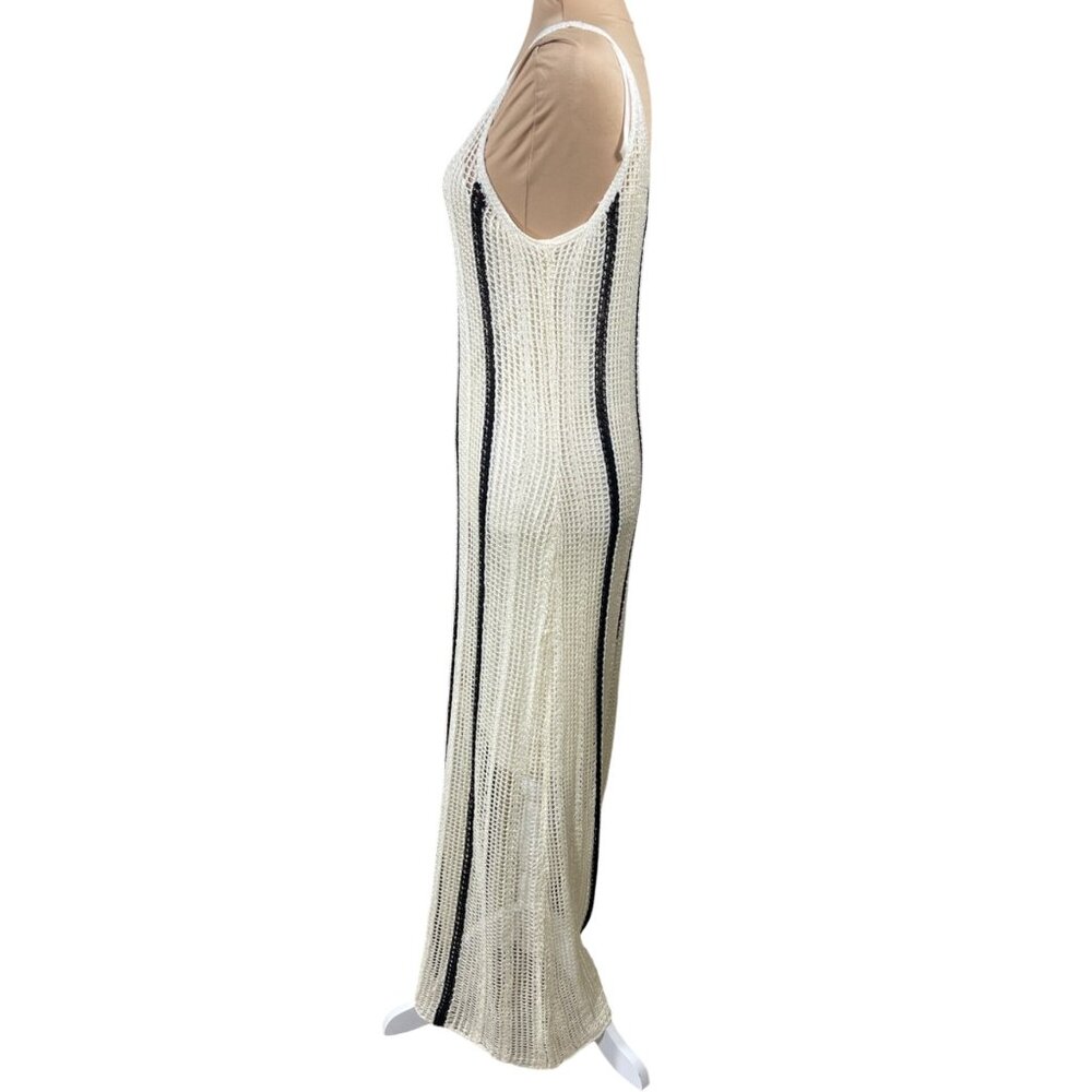 A New Day Mesh Maxi Dress Size M Medium Cream Black Stripe Sundress Beach - Picture 2 of 7